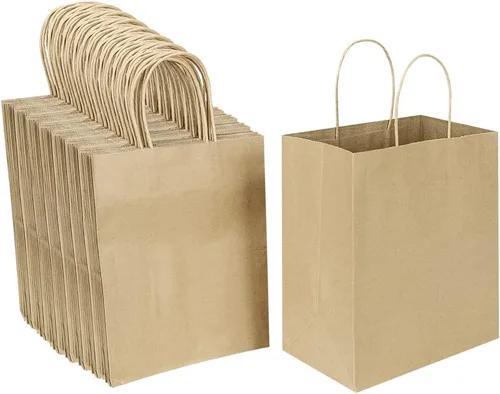 Oikss Paquete de 100 bolsas de papel kraft marrón mediano de 8 x 4.75 x 10 pulgadas con asas a granel para bodas, fiestas de cumpleaños,