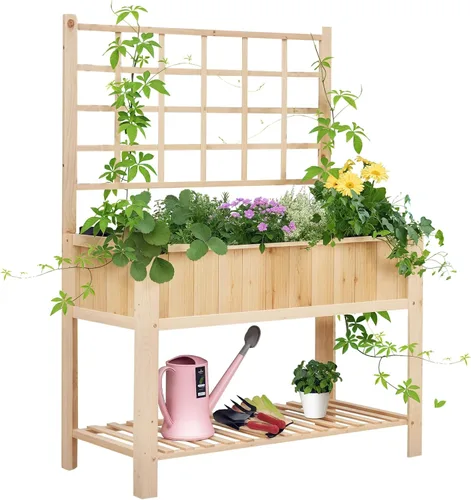 Miniatura 15 de Outsunny - Macetero de jardín elevado con enrejado arqueado para plantas trepadoras de enredadera, flores colgantes, macetero de madera