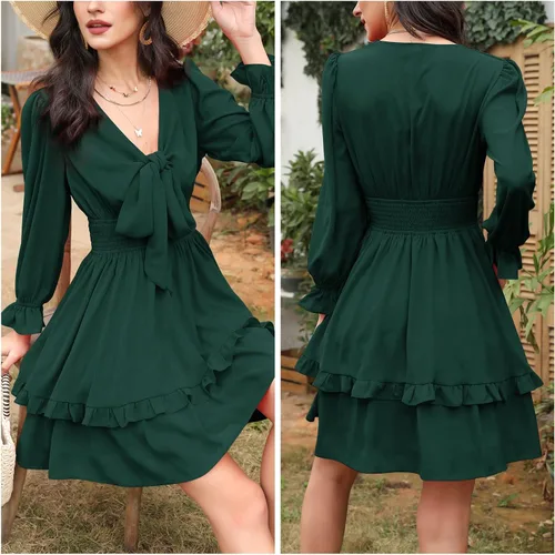 Miniatura 3 de EXLURA - Mini vestido acampanado, con cuello en V, de manga globo larga, floral, con capas, volantes, cintura elástica y para anudar por delante