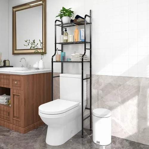 Organizador de baño de 3 estantes para colocar sobre el inodoro, ahorrador de espacio para baño, organizador de almacenamiento, color negro