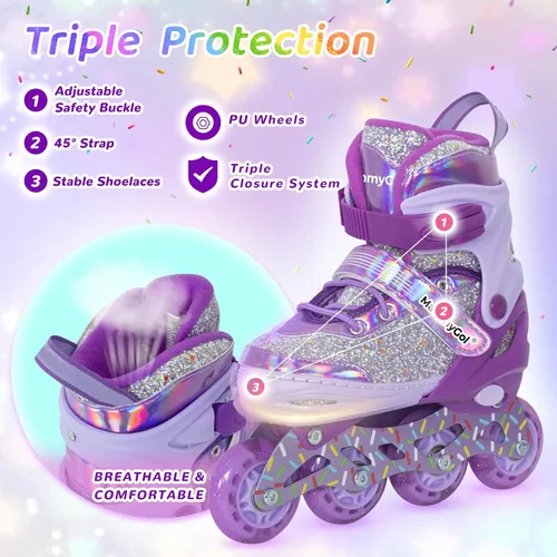 Miniatura 4 de Mammygol Patines en línea para niñas y niños, 4 tamaños ajustables para niñas de 3 a 12 años con ruedas iluminadas y protección de seguridad, regalo
