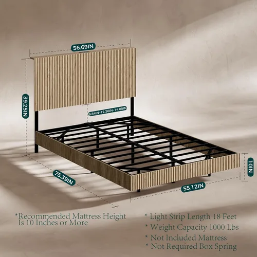 Miniatura 2 de Evermagin Base de cama flotante de tamaño matrimonial con cabecero, cama de plataforma acanalada bohemia con luces LED, marco de cama flotante