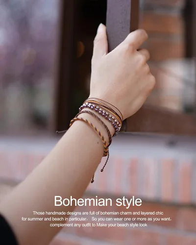 Miniatura 4 de Mezcla Vida Juego de pulseras de cuerda impermeable con cuentas de zinc plateado y estrellas de mar bohemias, para mujeres, adolescentes y niñas