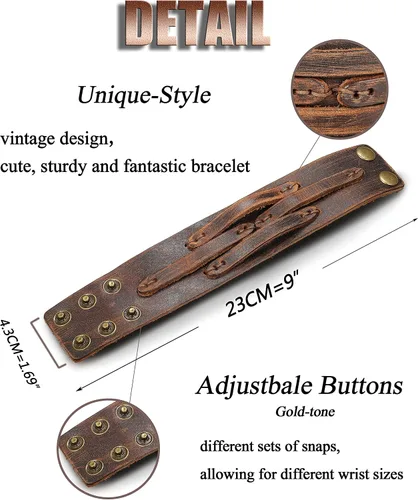 Miniatura 4 de THUNARAZ 2PCS Leather Cuff Bracelet Wrap Wristband Button Bangle for Men Women Adjustable Wide Brown Belt Punk Bracelet