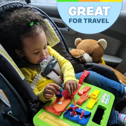 Miniatura 4 de Buckle Toys Juguete de bebé Busy Board, aprende a ajustar, cerrar la cremallera, amarrar los cordones para zapatos y hebilla