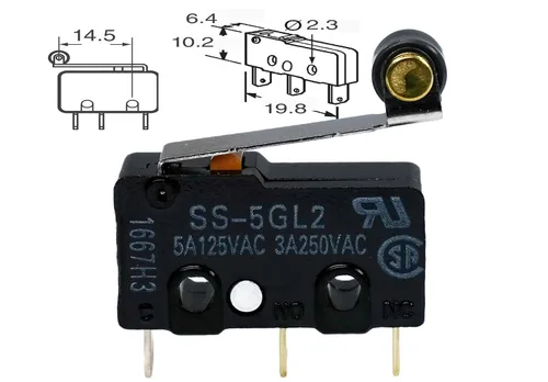 Miniatura 2 de Omron SS5GL2 Microswitch 125 VAC, interruptor de límite de micro 5A, rodillo de bisagra, acción momentánea a presión (paquete de 5)