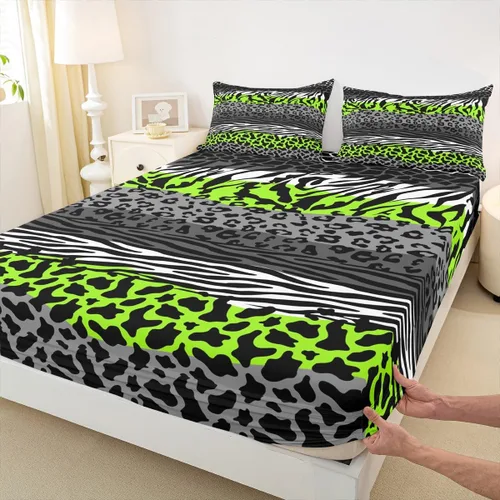 Miniatura 14 de Sábana bajera ajustable con estampado de leopardo, tamaño individual, juego de ropa de cama rústica con rayas de piel de cebra, decoración