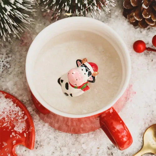 Miniatura 4 de Bonita taza de cerámica de vaca de Navidad, pintada a mano, novedosa taza de animales en 3D, tazas personalizadas de té de chocolate con leche