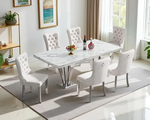 Miniatura 39 de Henf Juego de mesa de comedor de mármol sintético de 68 pulgadas para 6, juego de mesa de comedor de 7 piezas con 6 sillas copetudas de terciopelo