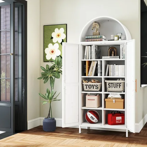 Miniatura 6 de Armario de despensa arqueado de metal blanco de 72.8 pulgadas para almacenamiento de cocina, armario alto de 2 puertas con 6 estantes ajustables