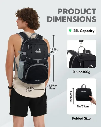 Miniatura 2 de WATERFLY Mochila de senderismo plegable: mochila de día de 25L ultra ligera para mujer y hombre - pequeña mochila plegable compacta para deportes al