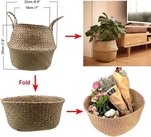Miniatura 2 de AchNau - Canasta tejida de hierba marina natural, plegable, con asas, para almacenamiento, juguetes, lavandería, guardería, maceta, decorativa, S