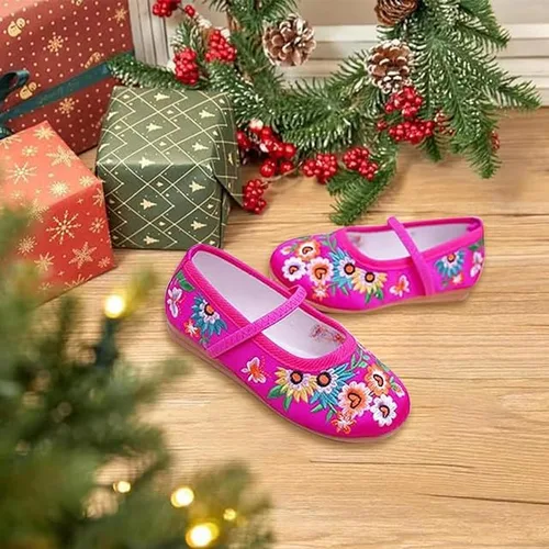 Miniatura 3 de Encanto Costume Shoes for Girls Gorgeous Mary-Jane Ballet Pumps Comfortable Low Heel Round Toe Flats Floral Embroidery Shoes
