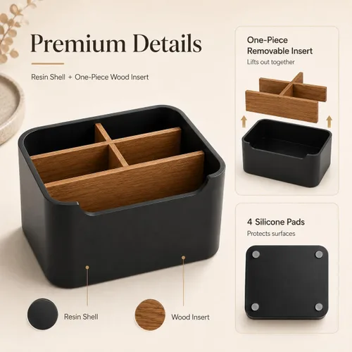 Miniatura 3 de Organizador de escritorio elegante y soporte para mando a distancia en negro - Mantén tu espacio de trabajo ordenado y organizado, almacenamiento