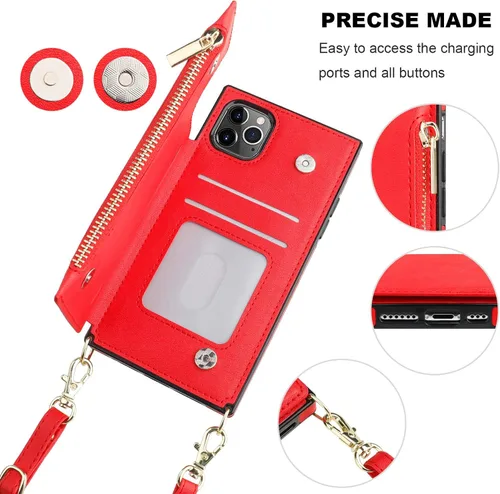Miniatura 6 de Bocasal Funda tipo cartera cruzada para iPhone 11 Pro con tarjetero, protector de ranura para tarjetas con cremallera, a prueba de golpes, con Rojo
