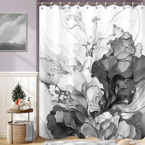 Miniatura 2 de Cortina de ducha con flores grises para baño, juego de cortina de ducha de mármol gris claro y blanco con ganchos, decoración floral abstracta