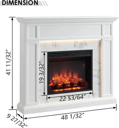 Miniatura 3 de Suite de Chimenea Legend Flame Sheraton, Repisa de 48 Pulgadas, Acabado en Crema Blanca con Patrón de Mármol Blanco Nevado, con Inserto de Chimenea