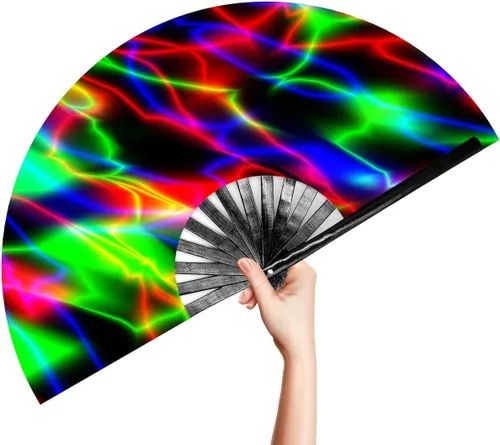 Miniatura 25 de OMyTea Ventilador de mano plegable grande Rave Clack para hombres y mujeres, ventilador de mano de bambú chino japonés - para EDM, festival de Aurora