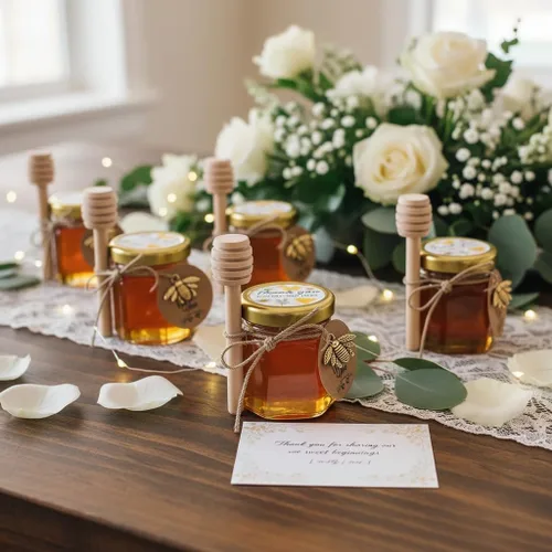 Miniatura 2 de Mini tarros de miel, 1.5 onzas de cristal hexagonal con goteros, abalorios de abeja, bolsas de regalo de organza y calcomanías, perfecto