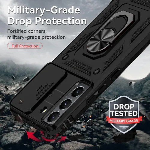 Miniatura 5 de Funda para Samsung Galaxy S22 Plus con cubierta para lente de cámara, protector de pantalla HD, soporte magnético con anilla de grado militar, Negro