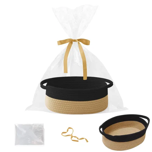 Miniatura 26 de Paquete de 2 canastas pequeñas de cuerda tejida, cesta de regalo vacía con bolsa y cintas, bonita caja organizadora con asa para cumpleaños/baby