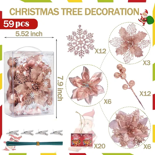 Miniatura 3 de BSMYBO 59 piezas 6 estilos de flores de Pascua artificiales para árbol de Navidad, adornos de Navidad en color oro rosa con tallos de bayas, copos