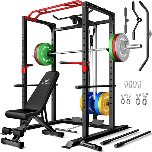 Miniatura 20 de Jaula de potencia JELENS, banco multifunción S11 con capacidad de 2000LBS, barra para sentadillas con sistema de poleas ajustable y más accesorios