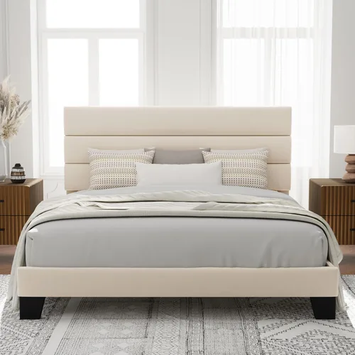 Miniatura 24 de Allewie - Base de cama de plataforma matrimonial con cabecera tapizada de tela y soporte de listones de madera, base de colchón totalmente tapizada