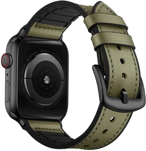 OUHENG Correas de cuero compatibles con Apple Watch de 42mm 41mm 40mm 38mm, correa híbrida de cuero genuino y goma para iWatch Series 11 10 9 8 7 6