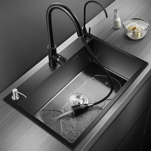 Miniatura 2 de ARTLINE Fregadero de cocina negro, fregadero de un solo cuenco de acero inoxidable, fregadero de estación de trabajo de caída/montaje superior