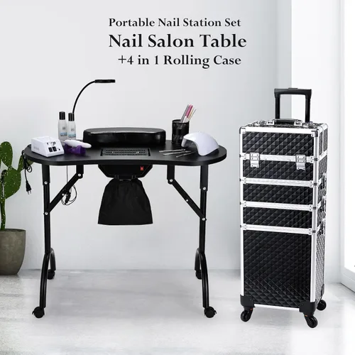 Miniatura 2 de Faquenc Mesa de manicura plegable para uñas con colector de polvo + estuche de maquillaje 4 en 1 rodante para estilistas móviles, artistas, salón