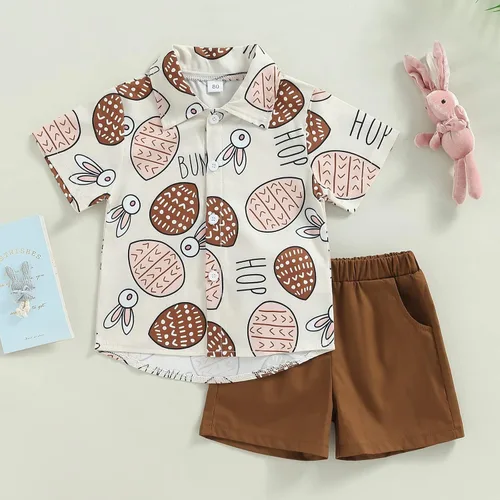 Miniatura 2 de Conjunto de 2 piezas de camiseta de manga corta con botones y pantalones cortos sólidos para bebé niño