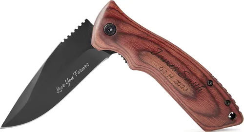 Miniatura 4 de Cuchillo plegable de bolsillo personalizado grabado con caja de madera para novio, marido, papá, hijo, cuchillo de caza de pesca único para hombres