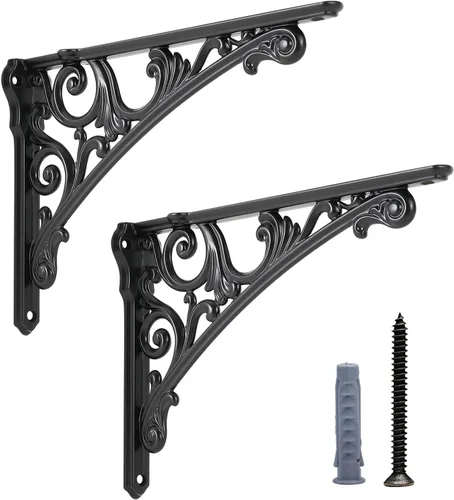 Miniatura 11 de HARPOON Soportes de estante de 8 pulgadas, paquete de 2 soportes de pared resistentes barrocos para cocina, estantes decorativos de latón antiguo