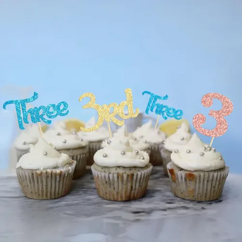 Miniatura 7 de 24 piezas de adornos para cupcakes de tercer cumpleaños, adornos para cupcakes de tercer cumpleaños con purpurina, tres adornos para cupcakes