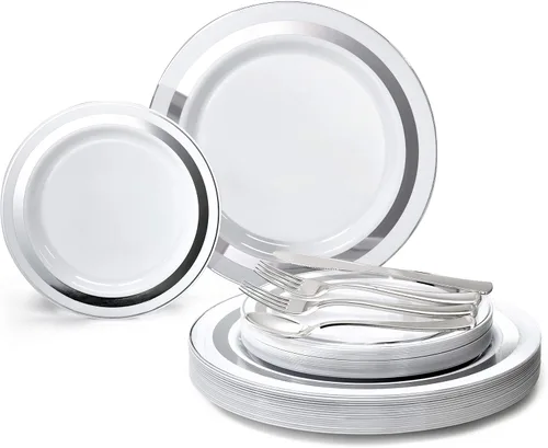 Miniatura 5 de OccasionS Paquete de 120 platos, (60 invitados), juego de platos de plástico desechables de alta calidad para bodas, 60 x 10.5 pulgadas, cena + 60