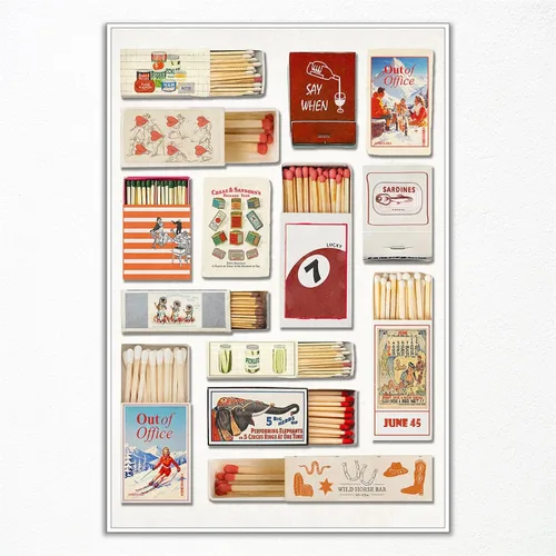 perasi Lienzo artístico vintage para pared, póster impreso colorido con diseño retro de caja de cerillas, cartel de "Fuera de oficina" con estilo