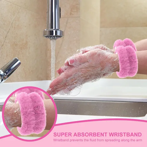 Miniatura 5 de CAVETEE Diadema, juego de 3 piezas de diadema y pulsera de oso de peluche rosa esponjoso para maquillaje para mujeres, juego de diadema y pulsera
