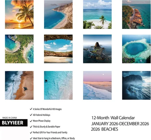 Miniatura 2 de Calendario de pared 2026 BEACHES, calendarios de pared colgantes de 12 meses, calendarios de playa 2026, 12 x 24 pulgadas (abierto), papel grueso