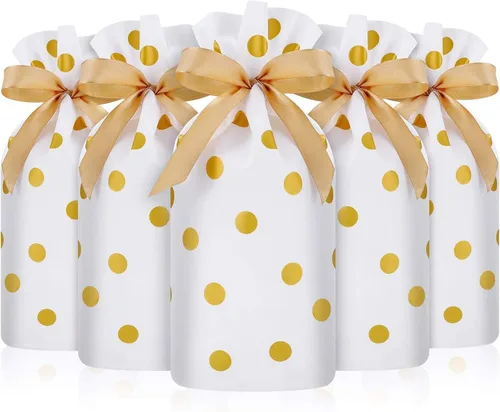 Frienda Paquete de 50 Bolsas de Dulces de Navidad con Cordón Bolsa de Galletas y Dulces con Lunares Dorados Bolsillo de Favor de Plástico para