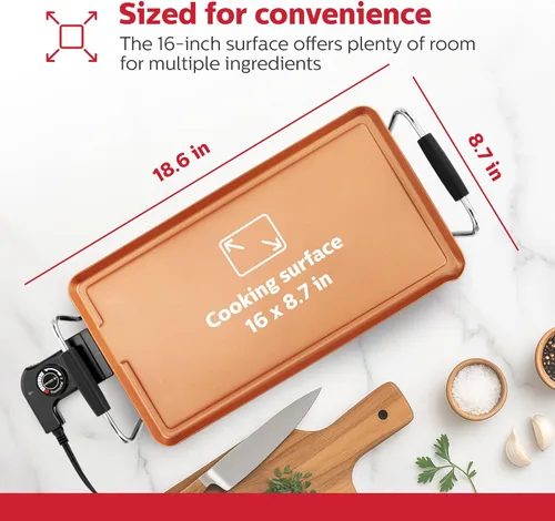 Miniatura 7 de Holstein Housewares Plancha eléctrica de 16 pulgadas, revestimiento antiadherente Healthy-Eco y sin humo, gran superficie de cocción para hacer