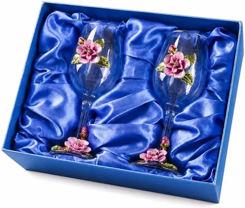 Miniatura 6 de Simcat Copa de Vino de Esmalte Pintada a Mano Transparente con Flores, Pie para Cabernet, Regalos (Doble caja de regalo amarilla, 2 Cajas de Regalo)
