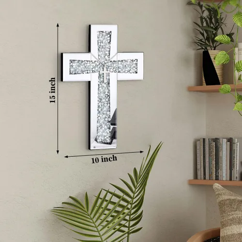 Miniatura 3 de Aeveco Cruz de Pared para Decoración, Cruz Espejo Plateada para Sala de Estar, Cruces de Espejo con Diamantes de Cristal Triturados, Arte Religioso