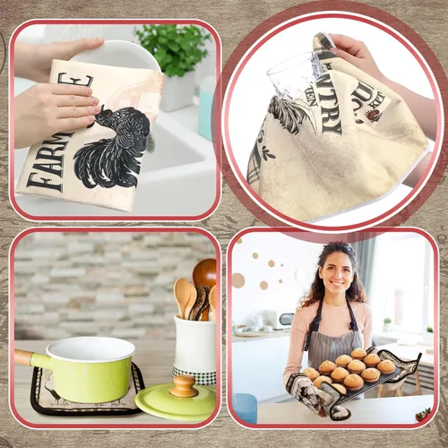 Miniatura 6 de Fourluoo Juego de 10 toallas de cocina de pollo estilo granero, juego de manoplas de horno y soportes para ollas, juego de decoración de cocina