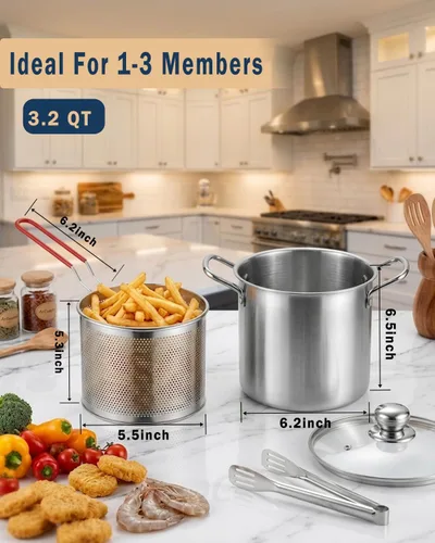 Miniatura 3 de Freidora de acero inoxidable de 3.2 cuartos de galón con cesta y tapa, sartén profunda multifuncional con colador para cocinar en casa