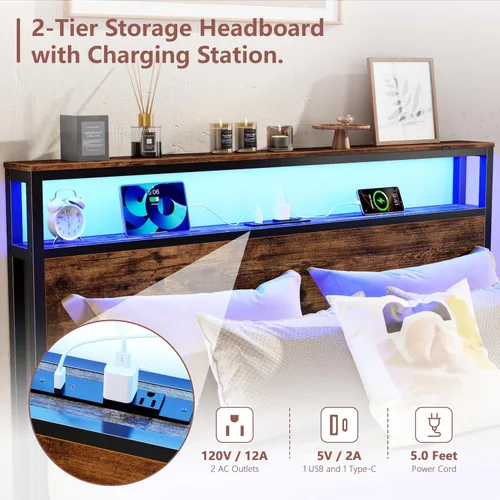 Miniatura 4 de Forestell Base de cama de tamaño matrimonial con cabecera de almacenamiento y 6 cajones, marco de cama resistente con estación de carga, luces LED