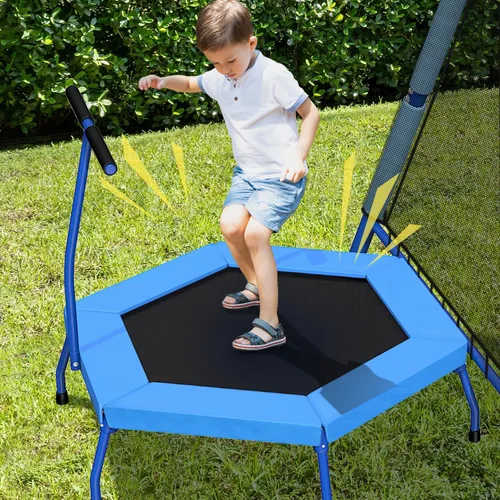 Miniatura 6 de Juego de columpios para niños 5 en 1 para patio trasero con trampolín, soporte de marco en A resistente de 880 libras, soporte de metal