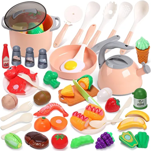 Miniatura 10 de CUTE STONE - Juego de 51 piezas de accesorios de cocina en miniatura para niños, juego de cocina de imitación con ollas, sartenes, utensilios