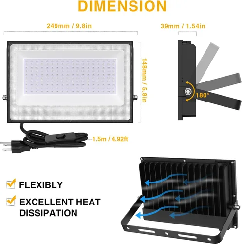 Miniatura 4 de Onforu Paquete de 2 luces LED negras de 100 W, luz negra con enchufe, luz de inundación negra impermeable IP66 luz de neón para fiesta brillante