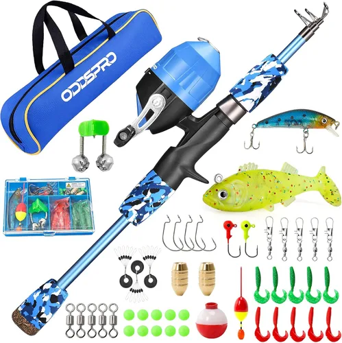 ODDSPRO Caña de pescar para niños, color rosa, kit combinado de caña de pescar telescópica portátil y carrete - con caja de aparejos de pesca Azul